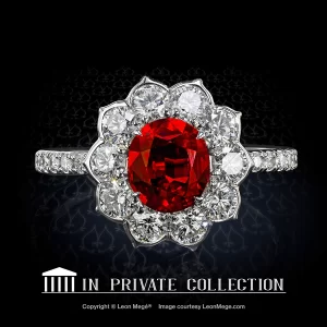 Leon Megé exclusive Lotus™ halo ring with natural "Pigeon blood" oval ruby and round diamonds r6441