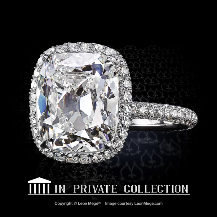 Leon Megé 813™ ring features a striking True Antique™ cushion diamond in micro pave halo r6674
