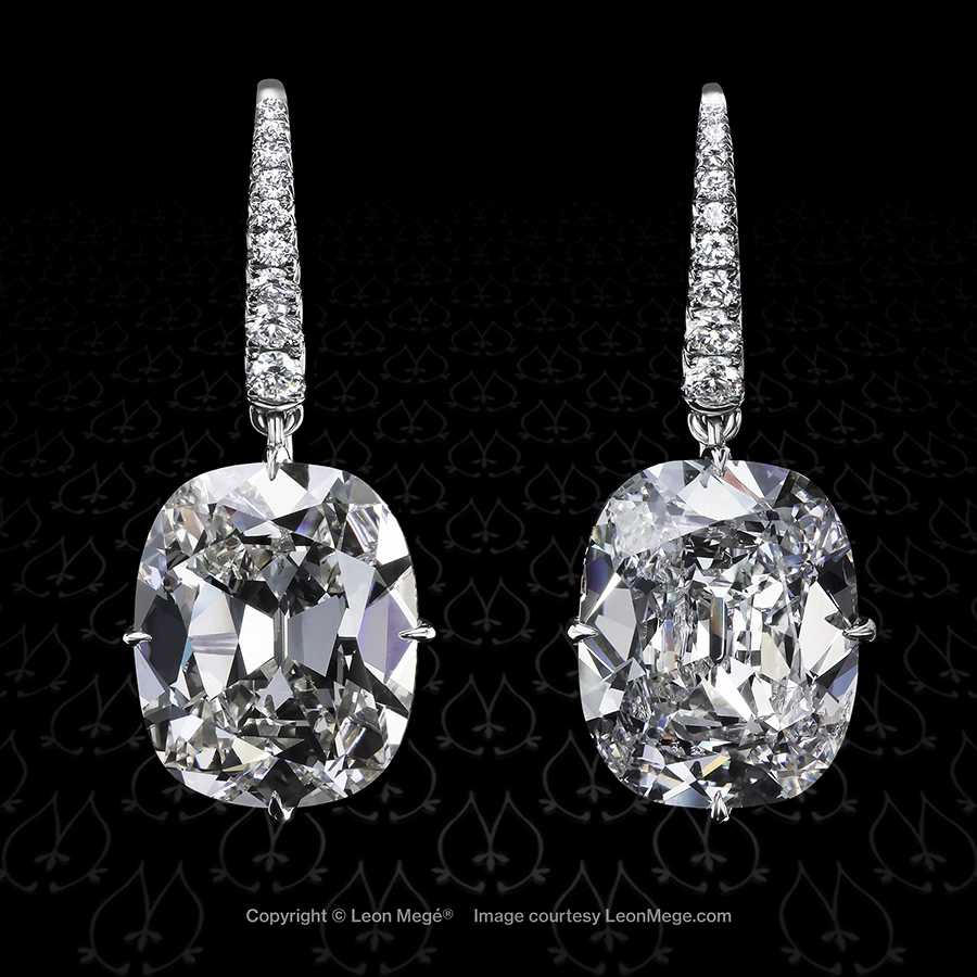 Leon Megé extraordinary True Antique™ cushion diamond drops with pave on French wire e6683