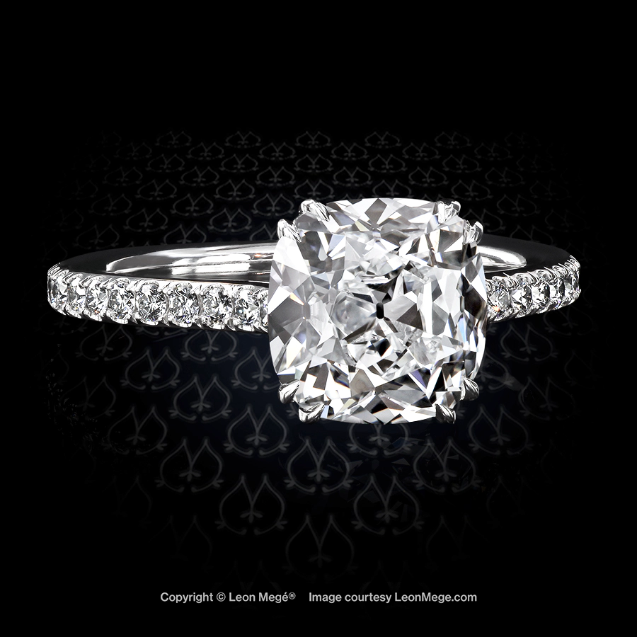 Leon Megé majestically designed 401™ engagement ring with a True Antique™ cushion diamond charmed by a graceful micro pave shank r6413