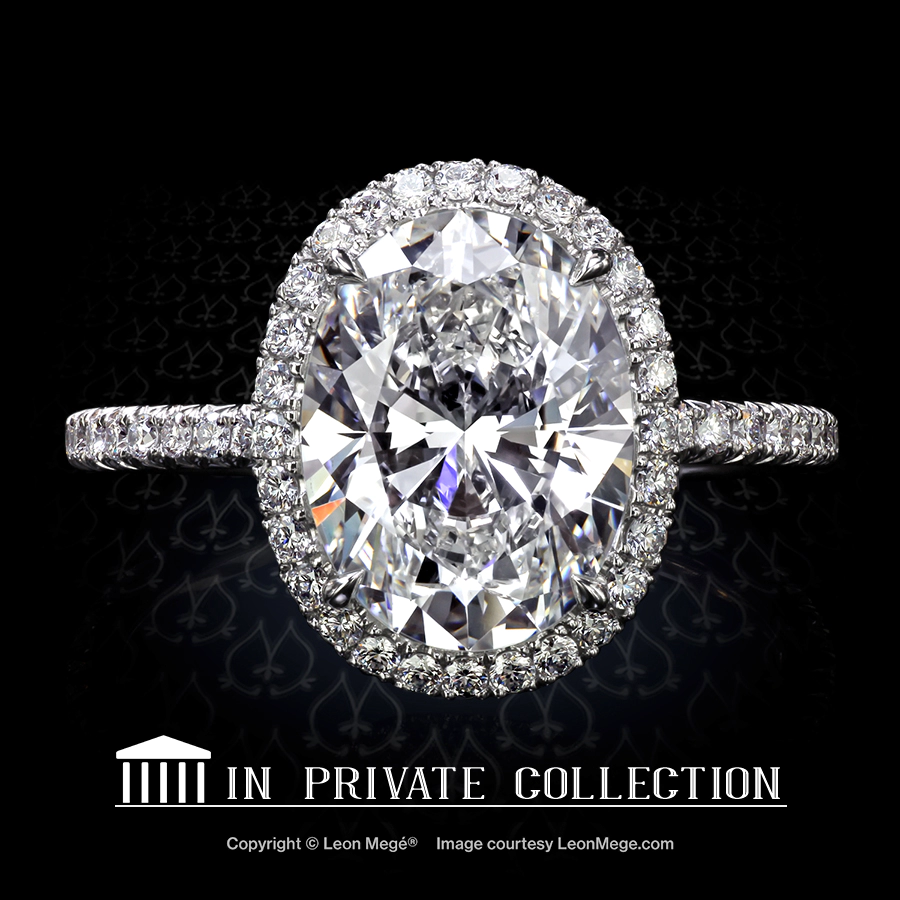 Leon Mege 811 halo engagement ring featuring an oval diamond with micro pave r6455