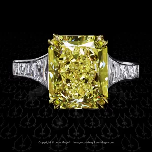Mon Cheri engagement ring featuring a radiant cut vivid yellow diamond by Leon Mege.