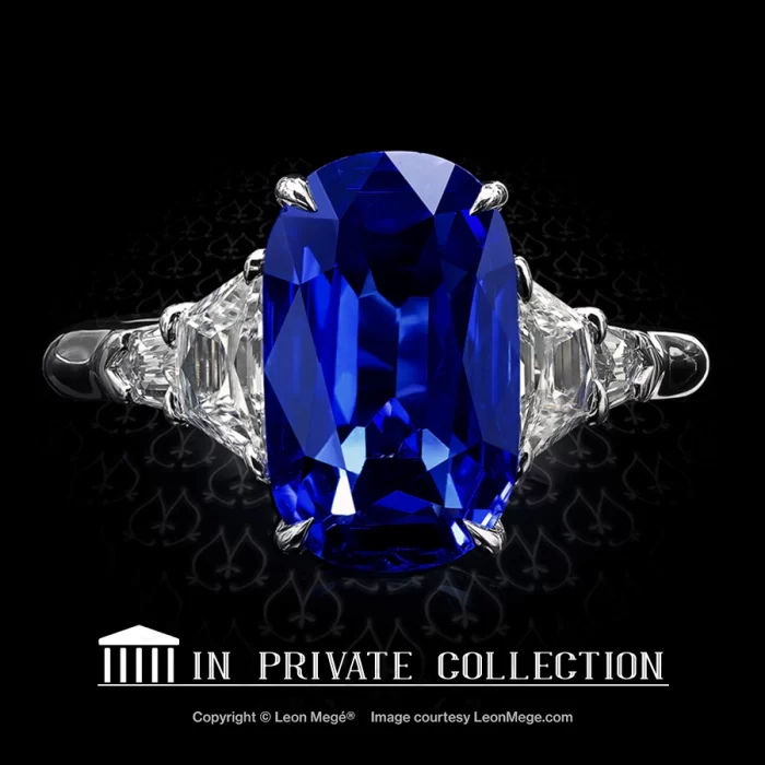 Leon Megé five-stone ring with elongated Burmese sapphire accented with trapezoids and bullets r6462