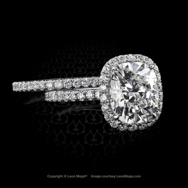Leon Megé 811™ engagement ring featuring a cushion diamond framed by a diamond halo r6573