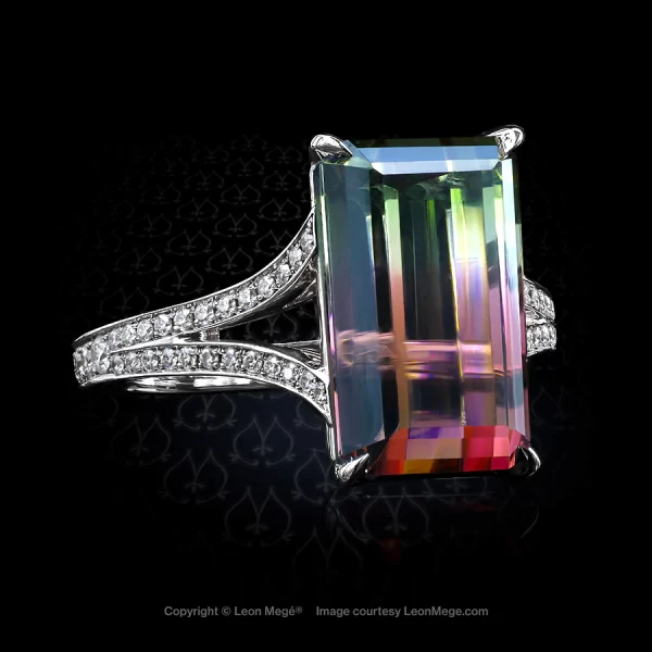 Leon Mege couture ring featuring a bi-color tourmaline on a split shank with bright-cut diamond pave r6650