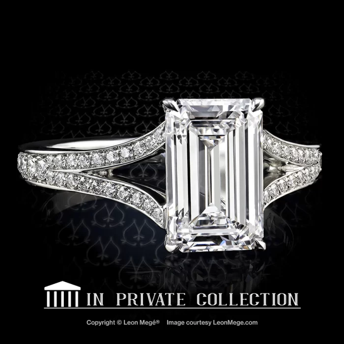 Leon Megé bespoke engagement ring featuring an emerald cut diamond in a split shank design r6494