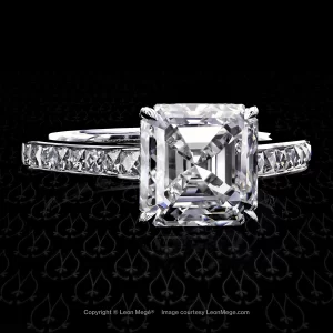 Leon Megé Asscher cut diamond in a bespoke engagement ring with French-cut diamonds in a channel r6922