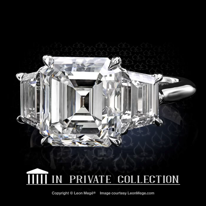 Leon Megé three-stone engagement ring with Asscher cut diamond and step-cut trapezoids r6570