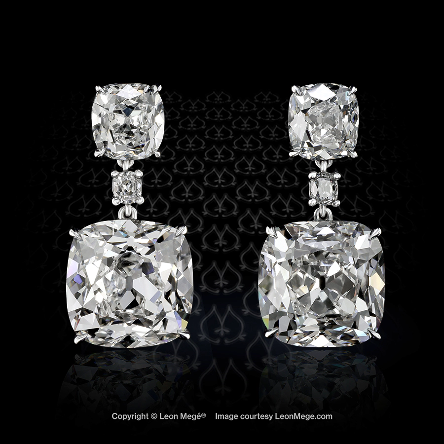 e6701 Leon Mege Drop earrings featuring True antique cushion diamonds