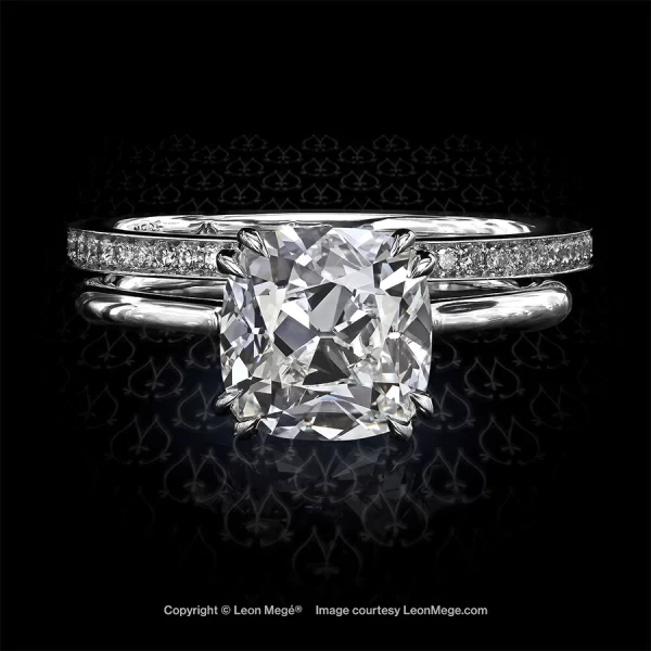 Leon Megé Princessa™ solitaire with a True Antique™ cushion diamond and diamond wedding band r6347
