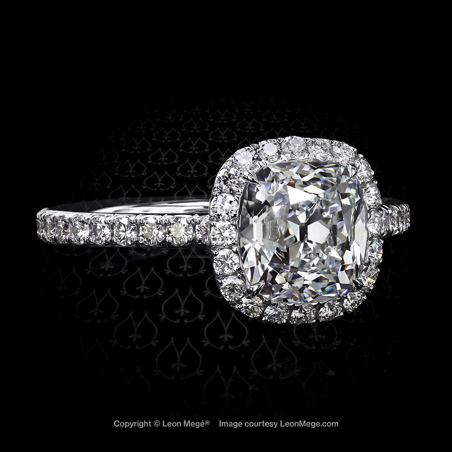 Leon Megé 811™ halo ring with a True Antique cushion diamond encircled by diamond pave r6353