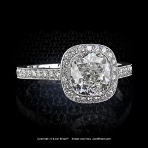 Leon Mege Edwardian 611 halo engagement ring with a bezel-set cushion diamond and millgrain detail r6397