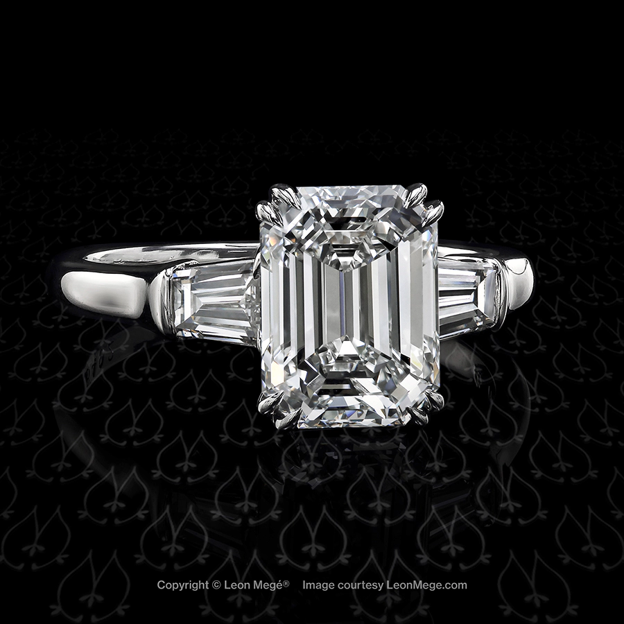 r6492 Leon Mege classic three stone engagement ring with an emerald cut diamond