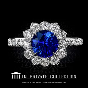 Leon Megé exclusive Lotus™ ring featuring a vivid blue round sapphire in a diamond halo r6503