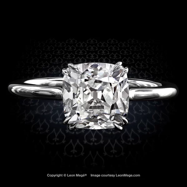 r6516 Leon Mege Princessa engagement ring featuring a True Antique cushion cut diamond