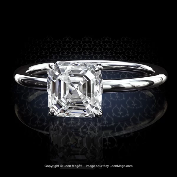 Leon Megé modern solitaire with a superb Asscher cut diamond in a precision-forged platinum traditional Winston-style basket r6535