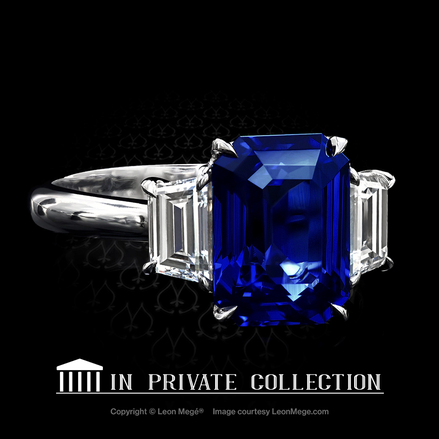 Leon Megé three-stone ring with a natural emerald cut Burmese sapphire and diamond traps r6555