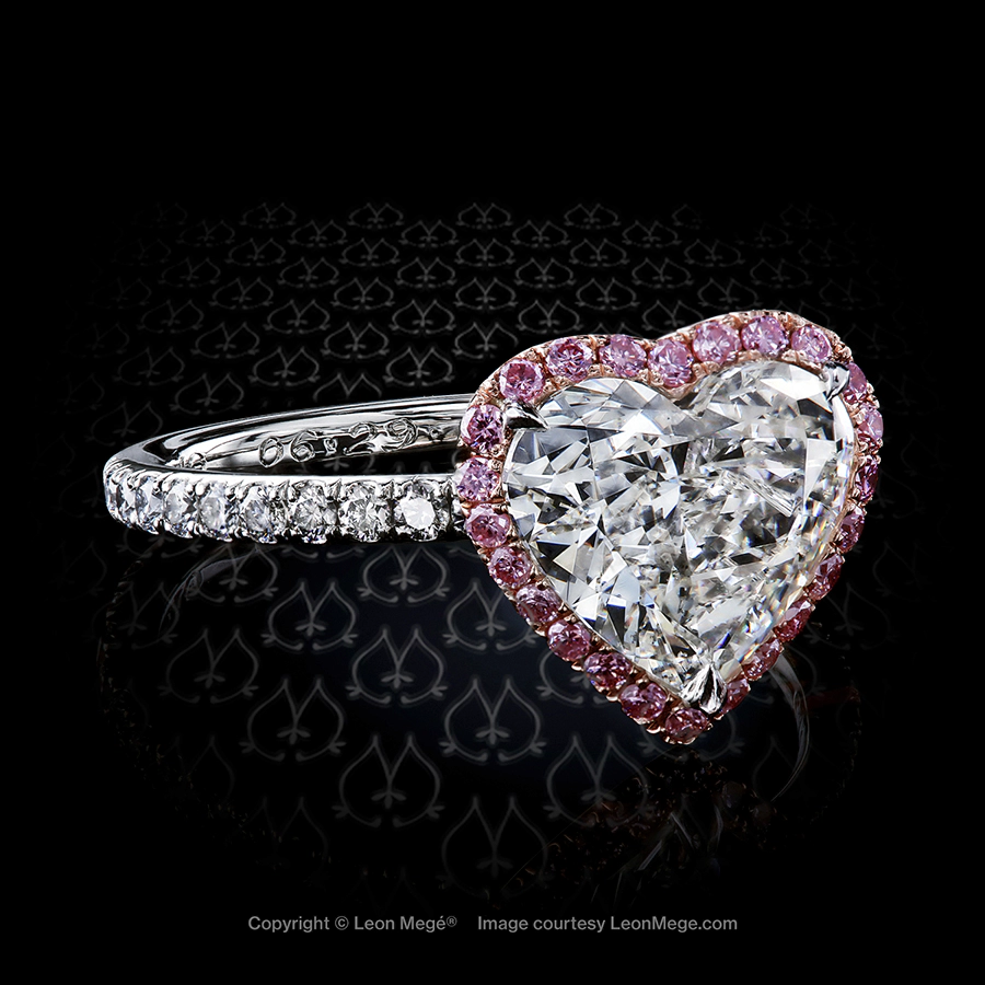 r6636 Leon Mege 811 halo ring featuring heart shaped diamond with fancy pink diamond halo.