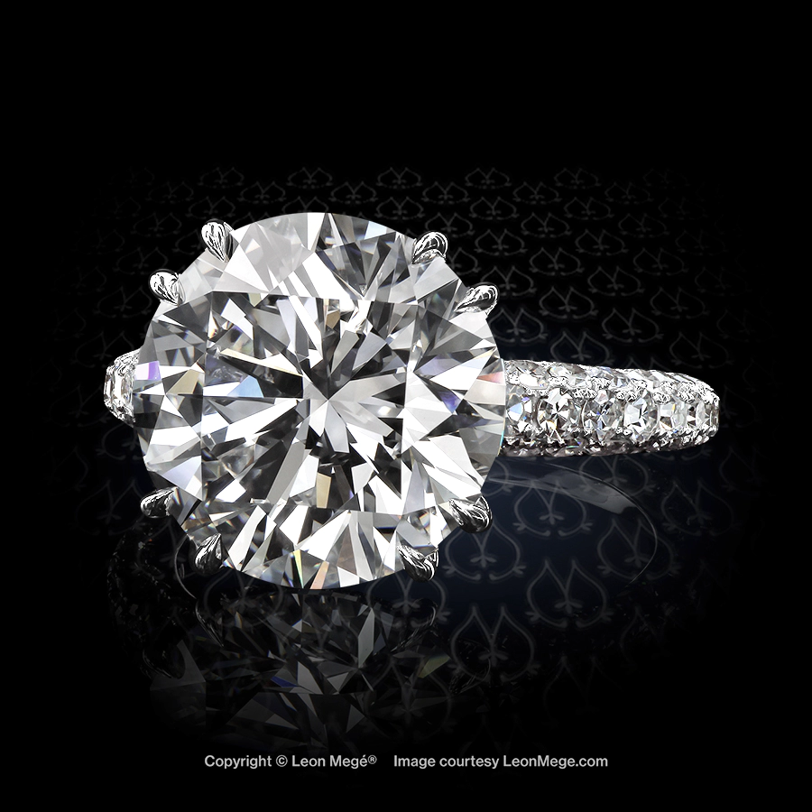 Leon Megé 413™ engagement solitaire with a round diamond in platinum mounting accented with micro pave r6656
