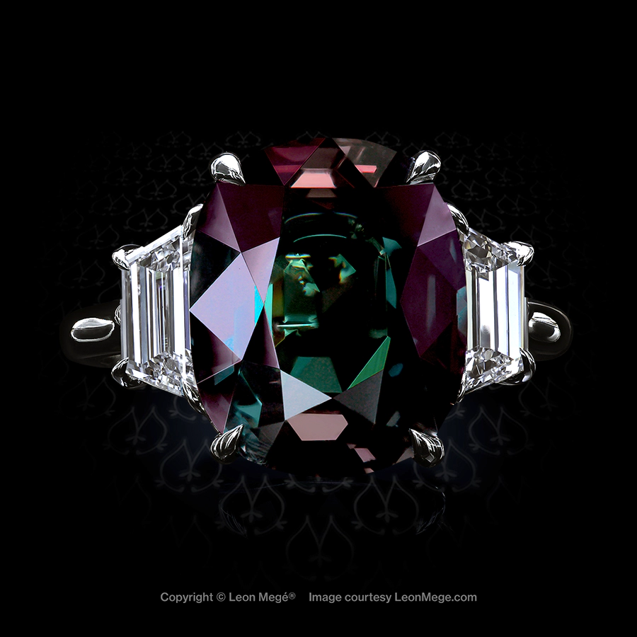 r6672 Leon Mege Three stone statement ring featuring a cushion cut natural color-change Alexandrite
