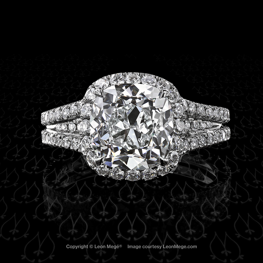 Leon Megé split-shank halo ring with a True Antique™ cushion diamond and tons of micro pave r6676