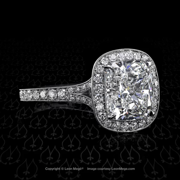 Leon Megé split-shank halo ring featuring a natural cushion diamond with millgrained pave r6727