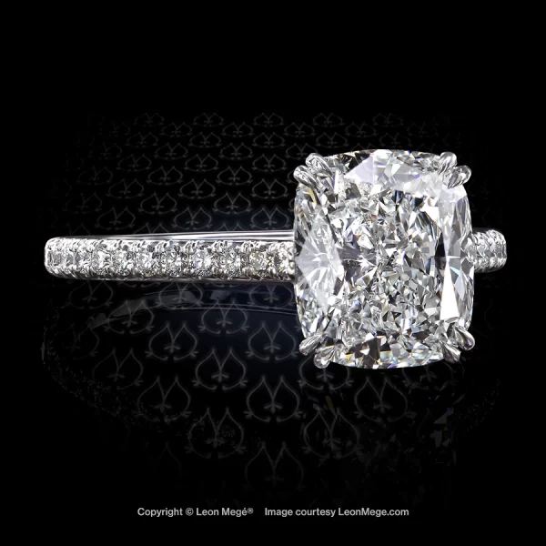 Leon Megé bespoke 411™ solitaire with a modern cushion diamond in micro pave accents r6735