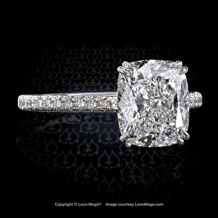Leon Megé bespoke 411™ solitaire with a modern cushion diamond in micro pave accents r6735