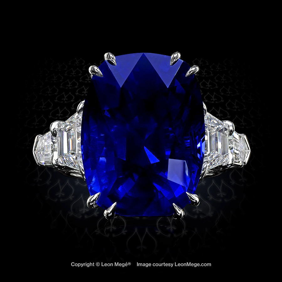 Leon Mege five-stone ring features a cushion Burma sapphire accented with trapezoid and bullet diamonds r6746