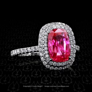r6845 Leon Mege double halo right hand ring featuring a vibrant natural pink sapphire