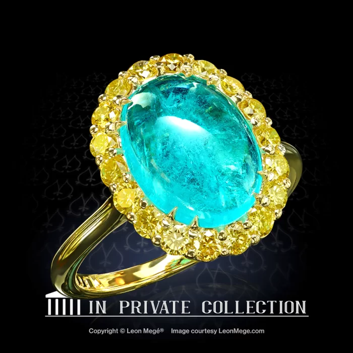 Leon Megé bespoke right-hand ring with a Brazilian Paraiba cab in a cluster of fancy-yellow diamonds r6817