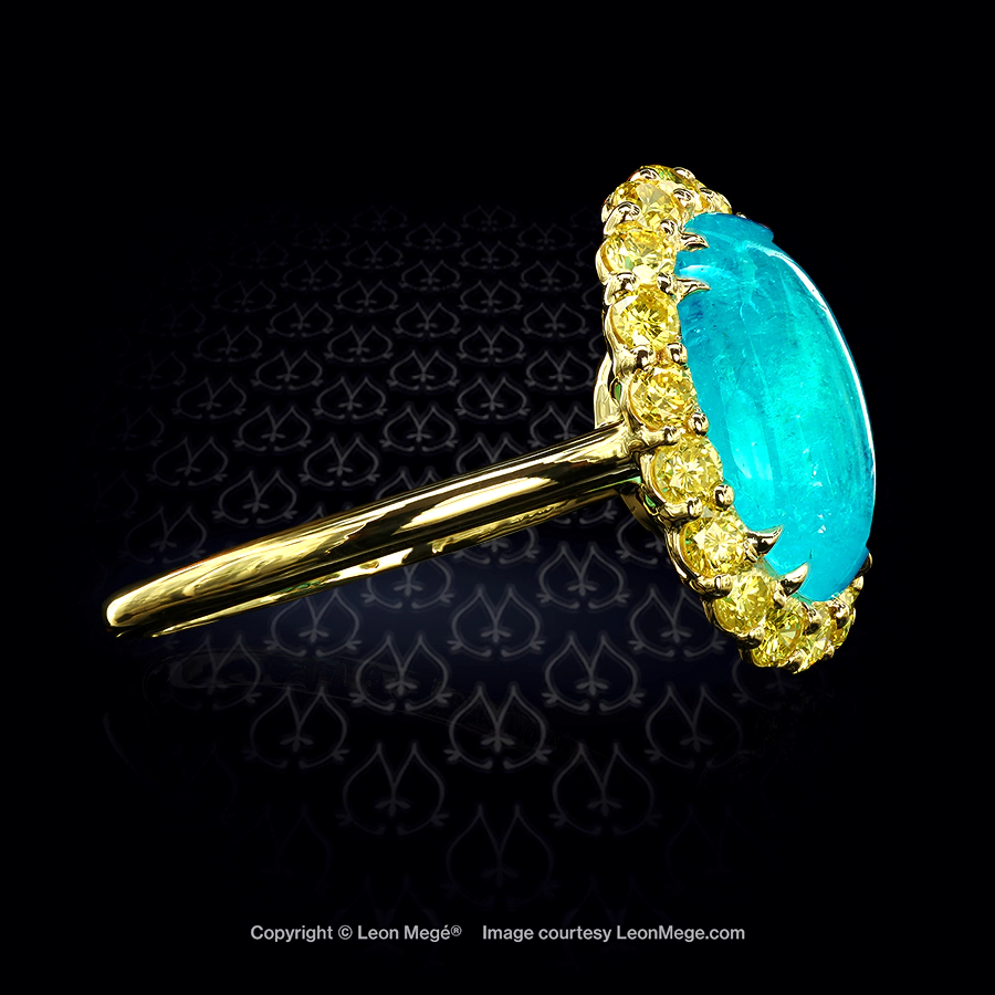 Leon Megé bespoke right-hand ring with a Brazilian Paraiba cab in a cluster of fancy-yellow diamonds r6817