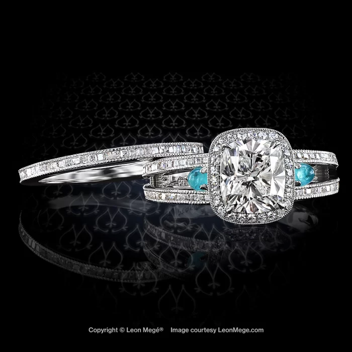 Leon Megé beautifully designed a split-shank halo ring with a cushion cut diamond and Paraiba accents r6564