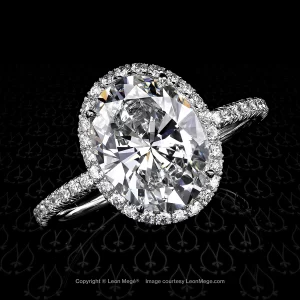Leon Mege 811™ hand-forged engagement ring featuring a stunning oval diamond in micro pave halo r6796