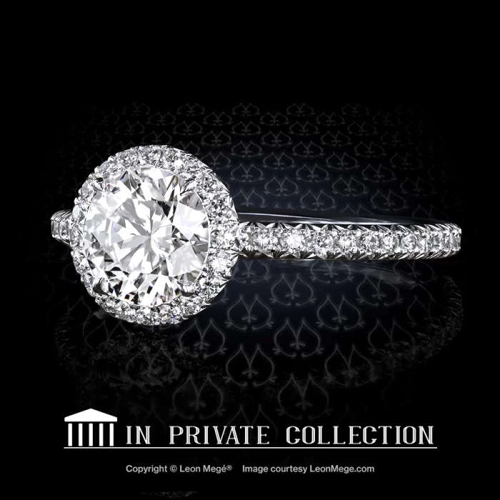 Leon Megé precision forged 811™ engagement ring featuring a round diamond in a micro pave halo r6931