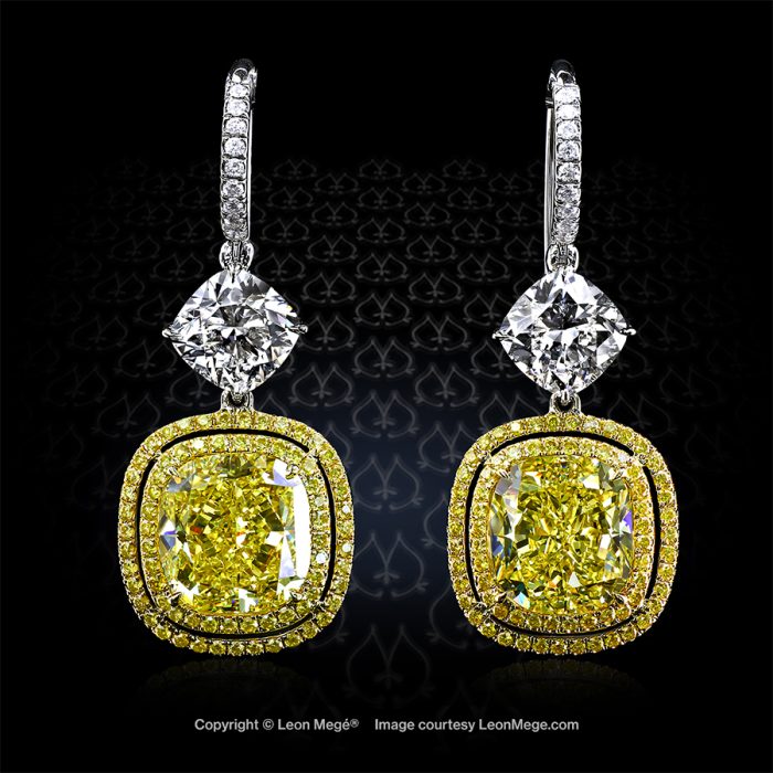 Fancy yellow diamonds in micro pave chandelier earrings by Leon Mege.