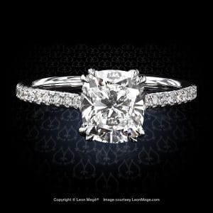 Leon Megé timeless and sexy 401™ style solitaire featuring a brilliant cushion diamond over the micro-pave shank r6398