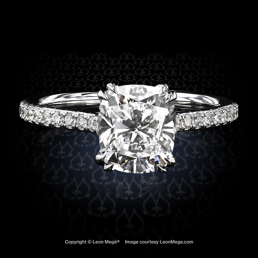 Leon Megé timeless and sexy 401™ style solitaire featuring a brilliant cushion diamond over the micro-pave shank r6398