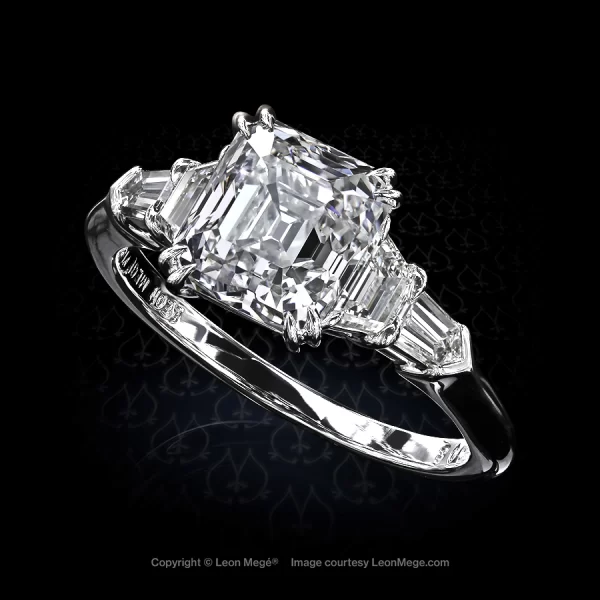 Leon Megé traditional five-stone ring with an Asscher cut diamond trapezoids and bullets r6908
