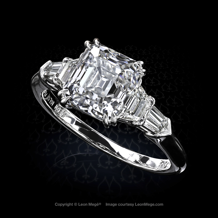 Five stone engagement ring featuring an Asscher cut diamond by Leon Mege.