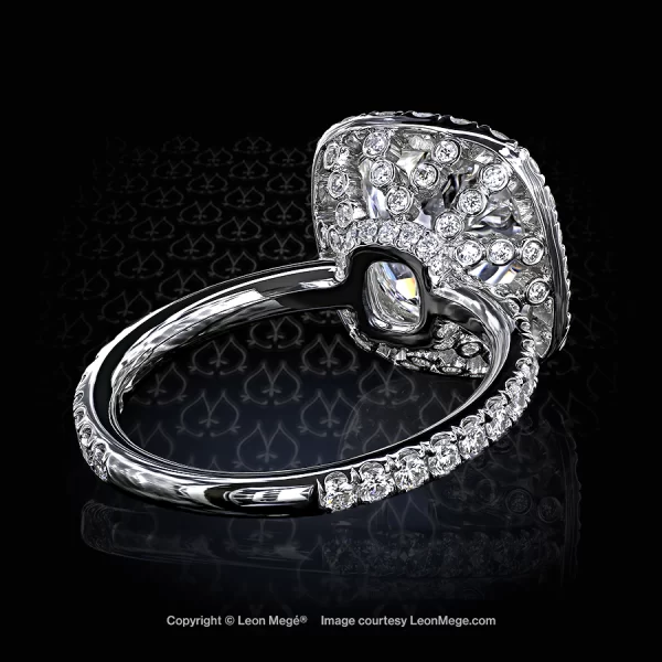 Barcelona halo ring featuring True Antique cushion diamond by Leon Mege.