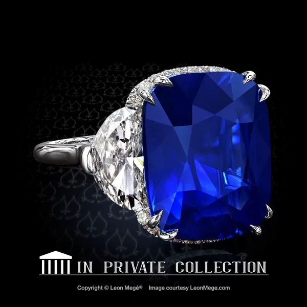 Leon Megé Haute Couture bespoke right-hand ring featuring a cushion cut Burmese sapphire and half-moon diamonds r5632