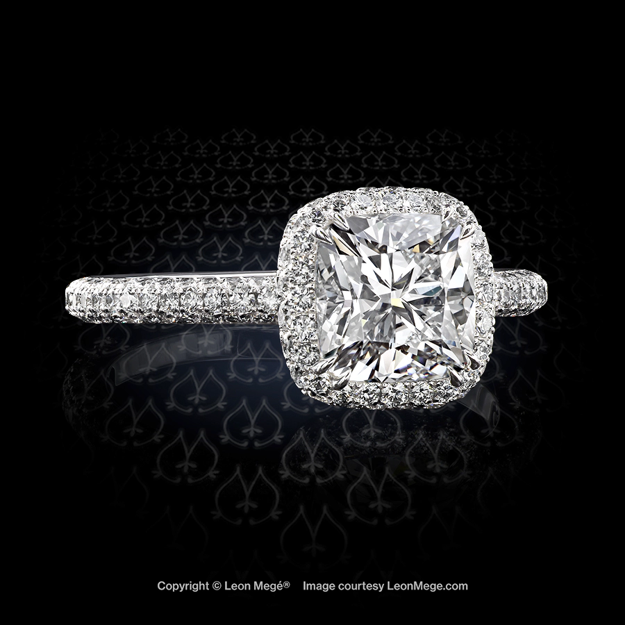 Leon Megé 823™ halo-style micro pave ring with a natural cushion diamond set in platinum r6733