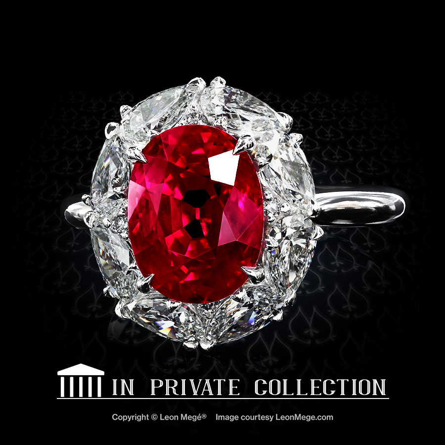 Leon Megé unique cluster ring with Burmese ruby surrounded by pear-shaped diamonds r6881