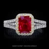 Leon Megé bespoke split-shank halo ring with a Radiant-cut Burmese ruby and a split shank with the diamond micro pave r6927