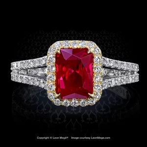 Split shank halo ring featuring an emerald cut Burmese ruby by Leon Mege.