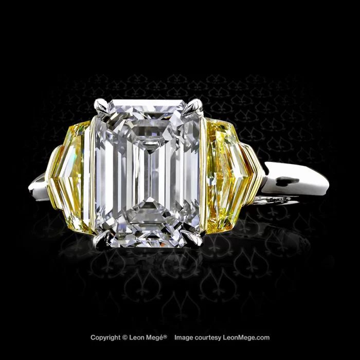 Leon Megé three-stone ring with emerald cut and fancy yellow epaulettes diamonds r7053