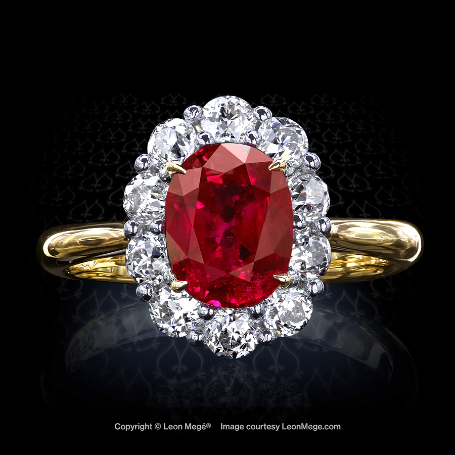 Leon Mege elegant right-hand ring with an exceptional Burmese ruby in a cluster of Old European cut diamonds r6928