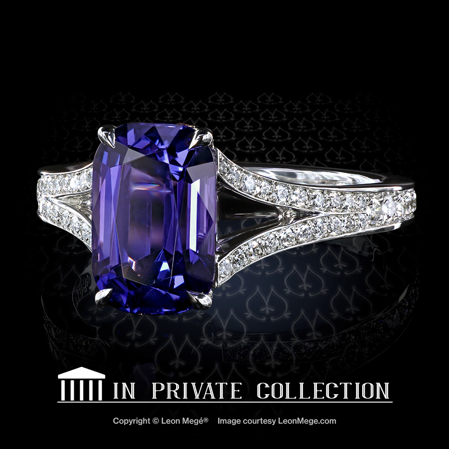 Leon Megé bespoke split-shank statement ring with a natural purple spinel and diamond pave r7015