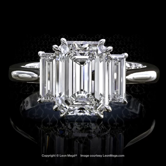 Leon Megé classic three-stone ring with emerald-cut diamond and straight baguettes r7029